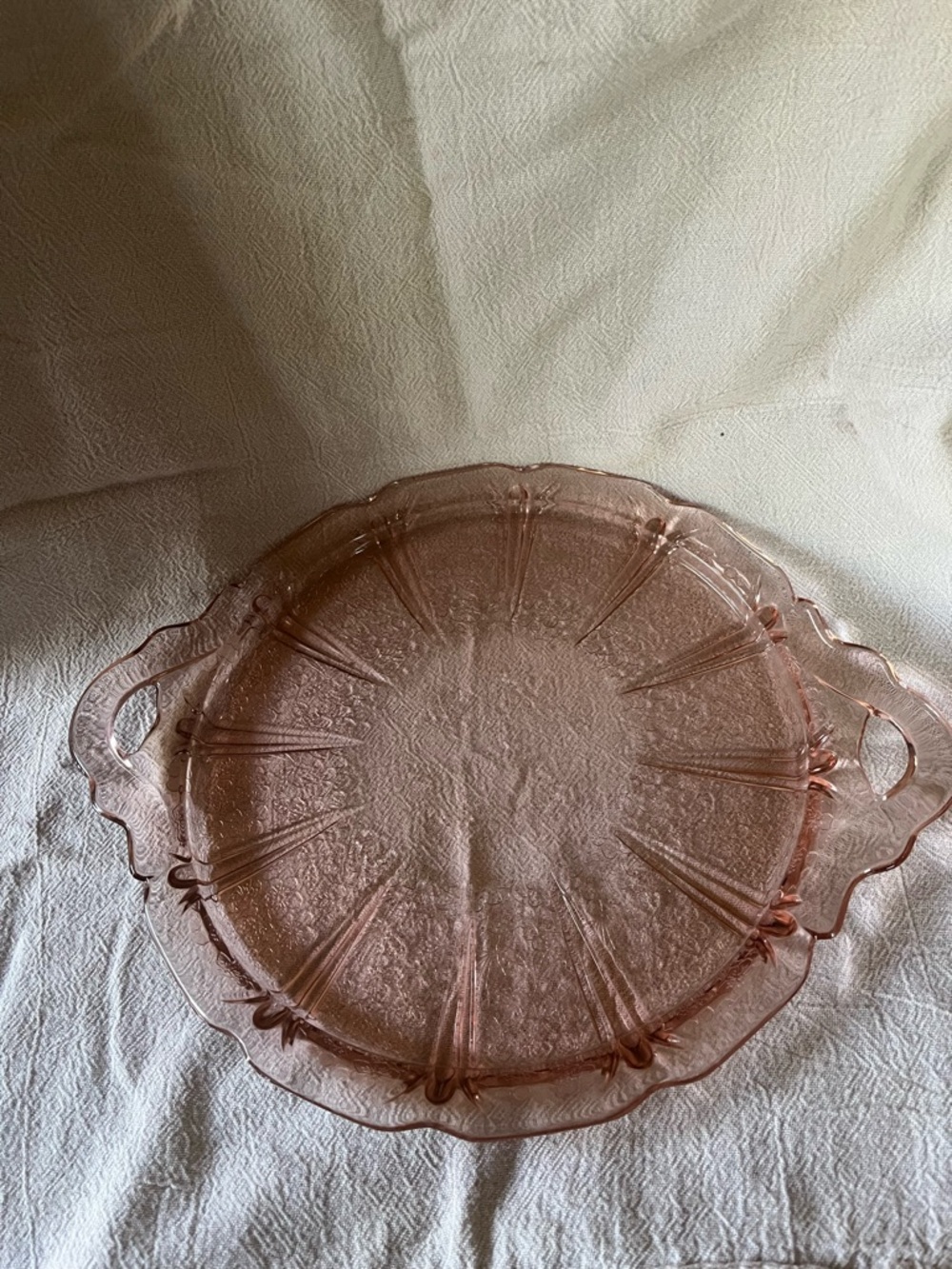 Pink Pressed Glass Serving Tray with Handles Cherry Blossom pattern Cake Plate
